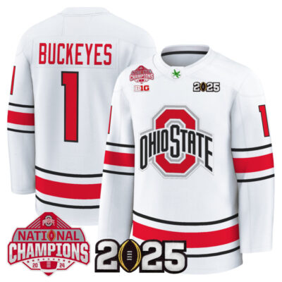 Men's Ohio State Buckeyes Football 2025 National Champions Patch Premium Jersey - Hockey Style - White / #1 Buckeyes