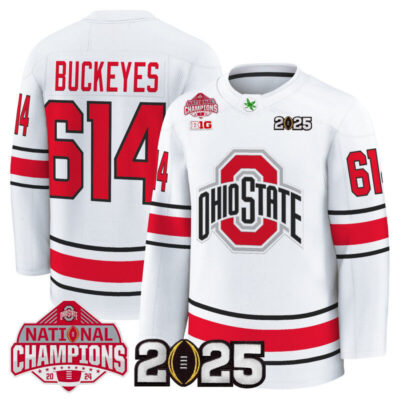 Men's Ohio State Buckeyes Football 2025 National Champions Patch Premium Jersey - Hockey Style - White / Buckeyes 614