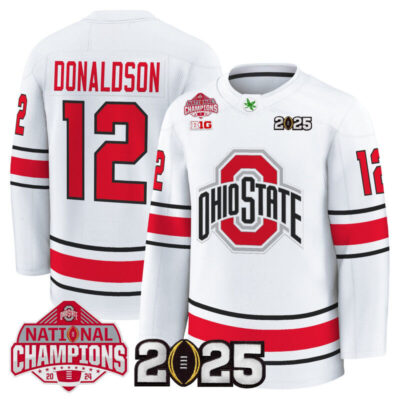 Men's Ohio State Buckeyes Football 2025 National Champions Patch Premium Jersey - Hockey Style - White / CJ Donaldson
