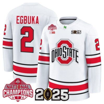 Men's Ohio State Buckeyes Football 2025 National Champions Patch Premium Jersey - Hockey Style - White / Emeka Egbuka