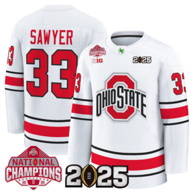 Men's Ohio State Buckeyes Football 2025 National Champions Patch Premium Jersey - Hockey Style - White / Jack Sawyer