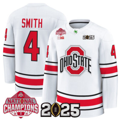 Men's Ohio State Buckeyes Football 2025 National Champions Patch Premium Jersey - Hockey Style - White / Jeremiah Smith