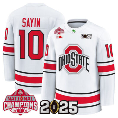 Men's Ohio State Buckeyes Football 2025 National Champions Patch Premium Jersey - Hockey Style - White / Julian Sayin