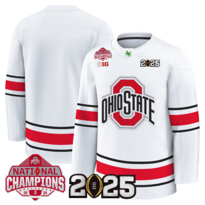 Men's Ohio State Buckeyes Football 2025 National Champions Patch Premium Jersey - Hockey Style - White / Team