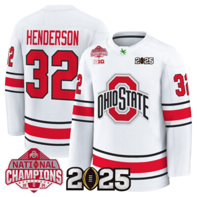 Men's Ohio State Buckeyes Football 2025 National Champions Patch Premium Jersey - Hockey Style - White / Treveyon Henderson