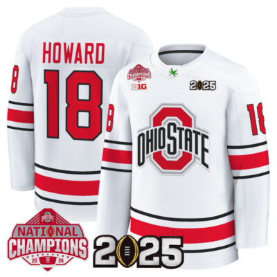 Men's Ohio State Buckeyes Football 2025 National Champions Patch Premium Jersey - Hockey Style - White / Will Howard