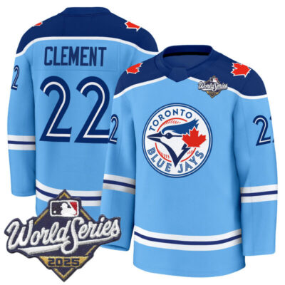 Men's Toronto Blue Jays 2025 World Series Premium Jersey - Hockey Style - Stitched - Powder Blue / Ernie Clement