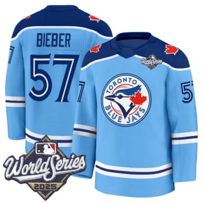Men's Toronto Blue Jays 2025 World Series Premium Jersey - Hockey Style - Stitched - Powder Blue / Justin Bieber