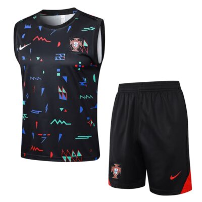 Portugal 2024 2025 Black Pattern Short Jersey Tank Top Soccer Training Suit