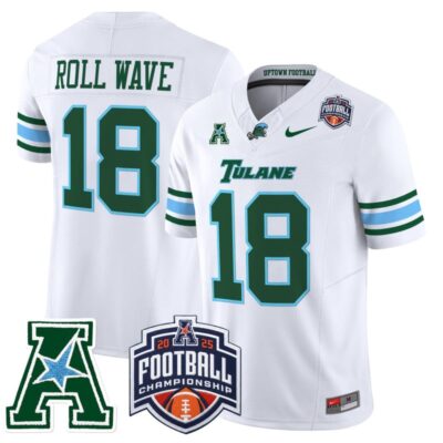 Tulane Green Wave 2025 AAC Championship Vapor Limited Jersey - White / #18 ROLL WAVE