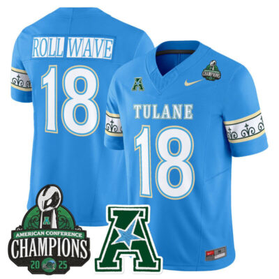 Tulane Green Wave 'City Edition' Vapor Limited Jersey - 2025 AAC Champions Patch - Blue / #18 ROLL WAVE