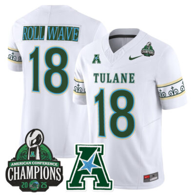 Tulane Green Wave 'City Edition' Vapor Limited Jersey - 2025 AAC Champions Patch - White / #18 ROLL WAVE