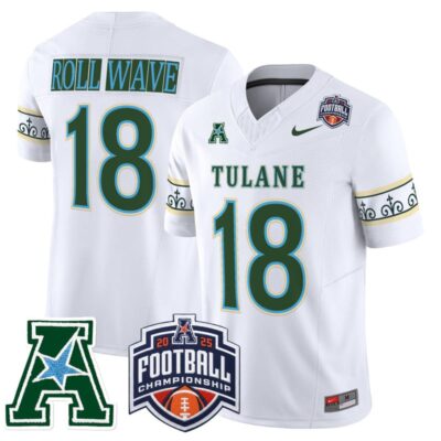 Tulane Green Wave 'City Edition' Vapor Limited Jersey - 2025 AAC Championship Patch - White / #18 ROLL WAVE