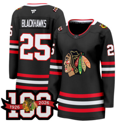 Women's Chicago Blackhawks 2025/26 Premium Jersey - 100th Anniversary Patch - Black / #25 Blackhawks
