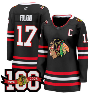 Women's Chicago Blackhawks 2025/26 Premium Jersey - 100th Anniversary Patch - Black / Nick Foligno