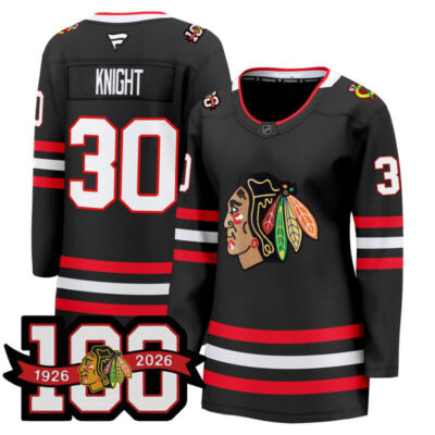 Women's Chicago Blackhawks 2025/26 Premium Jersey - 100th Anniversary Patch - Black / Spencer Knight