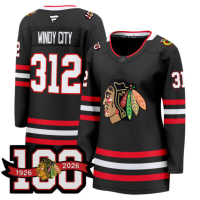 Women's Chicago Blackhawks 2025/26 Premium Jersey - 100th Anniversary Patch - Black / Windy City 312