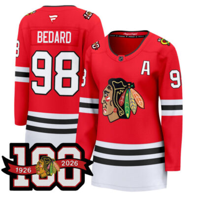 Women's Chicago Blackhawks 2025/26 Premium Jersey - 100th Anniversary Patch - Red / Connor Bedard