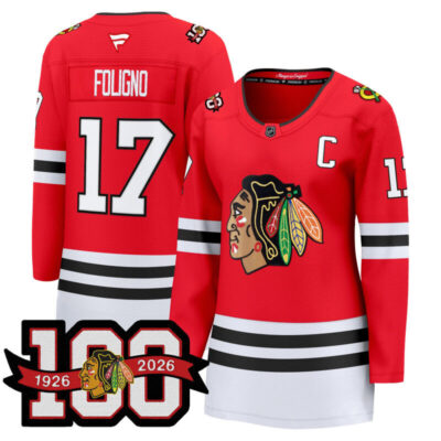 Women's Chicago Blackhawks 2025/26 Premium Jersey - 100th Anniversary Patch - Red / Nick Foligno