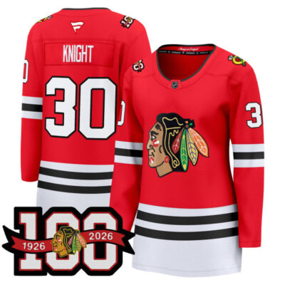 Women's Chicago Blackhawks 2025/26 Premium Jersey - 100th Anniversary Patch - Red / Spencer Knight