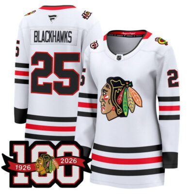 Women's Chicago Blackhawks 2025/26 Premium Jersey - 100th Anniversary Patch - White / #25 Blackhawks