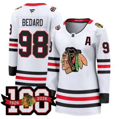 Women's Chicago Blackhawks 2025/26 Premium Jersey - 100th Anniversary Patch - White / Connor Bedard