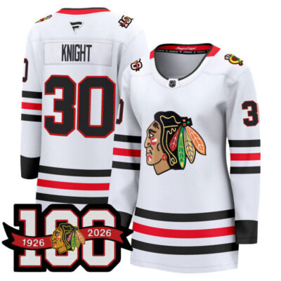 Women's Chicago Blackhawks 2025/26 Premium Jersey - 100th Anniversary Patch - White / Spencer Knight