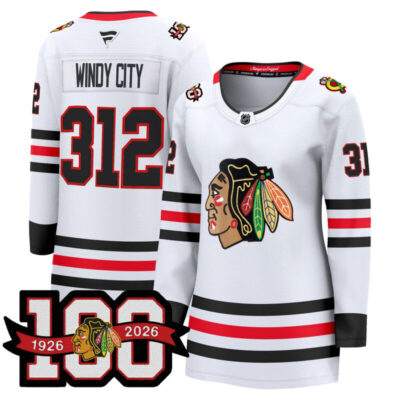 Women's Chicago Blackhawks 2025/26 Premium Jersey - 100th Anniversary Patch - White / Windy City 312