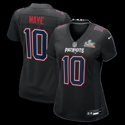 Drake Maye New England Patriots Women's Super Bowl LX Patch Carbon Fashion Game Jersey - Black