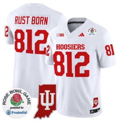 Indiana Hoosiers 2025 Rose Bowl & Indiana State Patch Vapor Limited Stitched Jersey - White / Rust Born 812