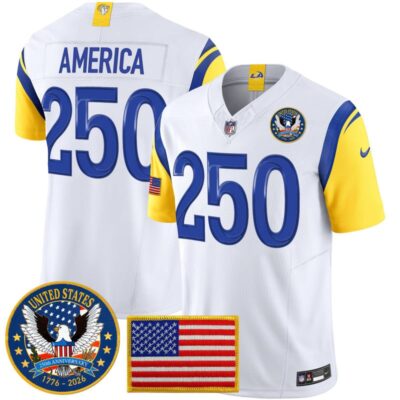 Los Angeles Rams 2025 "United States 250th Anniversary Patch" Vapor Limited Jersey - White / #250 America