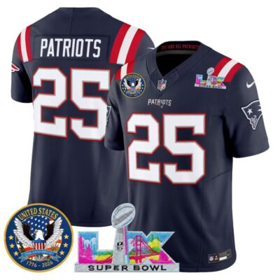 Men's New England Patriots "Super Bowl LX & United States 250th Patch" Vapor Limited Stitched Jersey - Navy / #25 Patriots