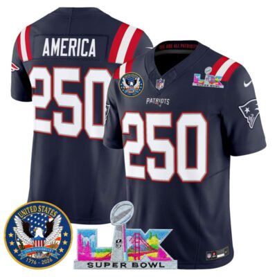 Men's New England Patriots "Super Bowl LX & United States 250th Patch" Vapor Limited Stitched Jersey - Navy / #250 America