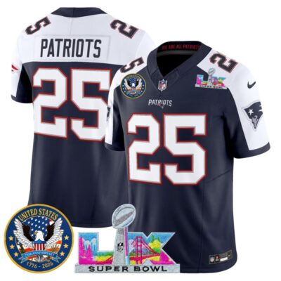 Men's New England Patriots "Super Bowl LX & United States 250th Patch" Vapor Limited Stitched Jersey - Navy Alternate / #25 Patriots