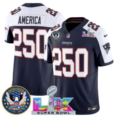 Men's New England Patriots "Super Bowl LX & United States 250th Patch" Vapor Limited Stitched Jersey - Navy Alternate / #250 America