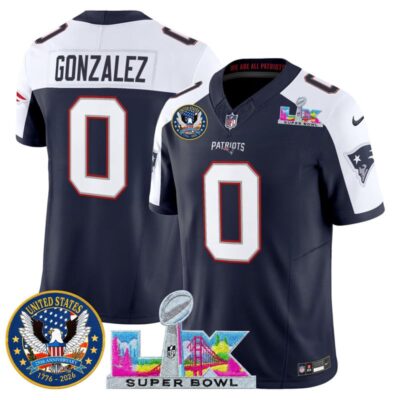 Men's New England Patriots "Super Bowl LX & United States 250th Patch" Vapor Limited Stitched Jersey - Navy Alternate / Christian Gonzalez