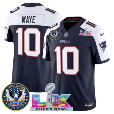 Men's New England Patriots "Super Bowl LX & United States 250th Patch" Vapor Limited Stitched Jersey - Navy Alternate / Drake Maye