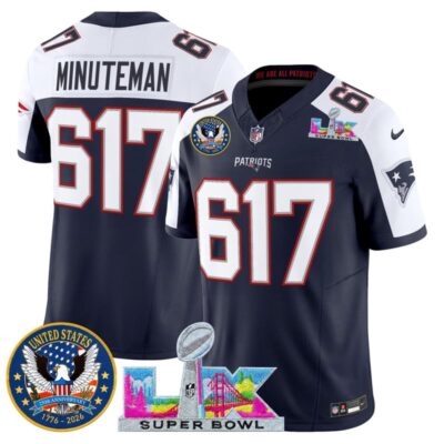 Men's New England Patriots "Super Bowl LX & United States 250th Patch" Vapor Limited Stitched Jersey - Navy Alternate / Minuteman 617