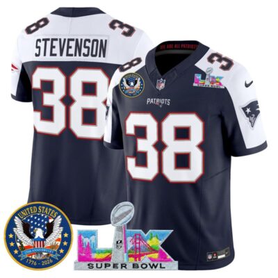 Men's New England Patriots "Super Bowl LX & United States 250th Patch" Vapor Limited Stitched Jersey - Navy Alternate / Rhamondre Stevenson
