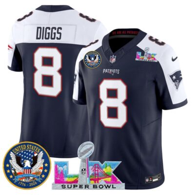 Men's New England Patriots "Super Bowl LX & United States 250th Patch" Vapor Limited Stitched Jersey - Navy Alternate / Stefon Diggs