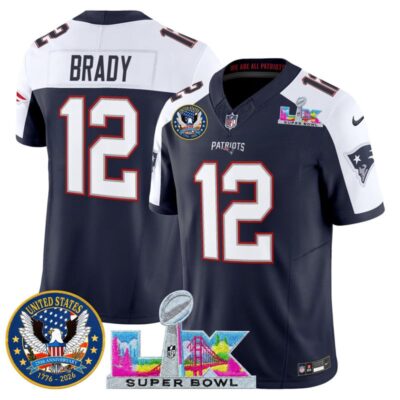 Men's New England Patriots "Super Bowl LX & United States 250th Patch" Vapor Limited Stitched Jersey - Navy Alternate / Tom Brady