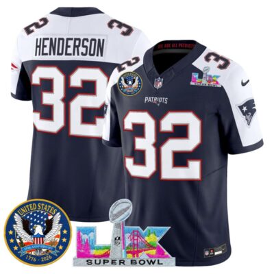 Men's New England Patriots "Super Bowl LX & United States 250th Patch" Vapor Limited Stitched Jersey - Navy Alternate / TreVeyon Henderson