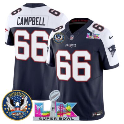 Men's New England Patriots "Super Bowl LX & United States 250th Patch" Vapor Limited Stitched Jersey - Navy Alternate / Will Campbell
