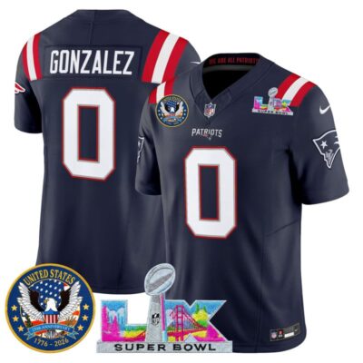 Men's New England Patriots "Super Bowl LX & United States 250th Patch" Vapor Limited Stitched Jersey - Navy / Christian Gonzalez