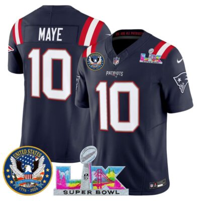 Men's New England Patriots "Super Bowl LX & United States 250th Patch" Vapor Limited Stitched Jersey - Navy / Drake Maye
