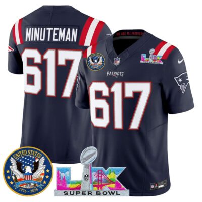 Men's New England Patriots "Super Bowl LX & United States 250th Patch" Vapor Limited Stitched Jersey - Navy / Minuteman 617