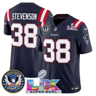 Men's New England Patriots "Super Bowl LX & United States 250th Patch" Vapor Limited Stitched Jersey - Navy / Rhamondre Stevenson