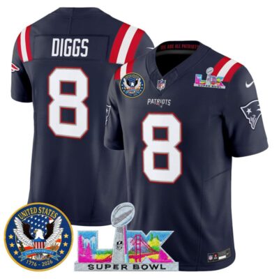 Men's New England Patriots "Super Bowl LX & United States 250th Patch" Vapor Limited Stitched Jersey - Navy / Stefon Diggs