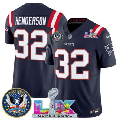 Men's New England Patriots "Super Bowl LX & United States 250th Patch" Vapor Limited Stitched Jersey - Navy / TreVeyon Henderson