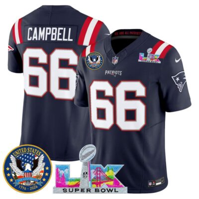 Men's New England Patriots "Super Bowl LX & United States 250th Patch" Vapor Limited Stitched Jersey - Navy / Will Campbell